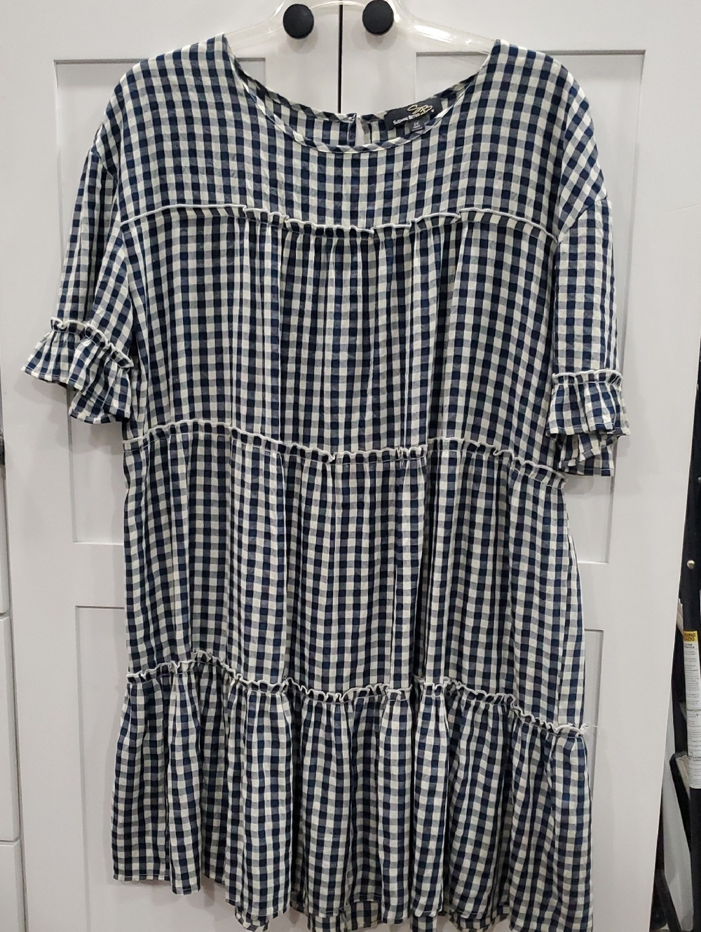 Suzanne Betro Navy and White Gingham Tiered Dress with Ruffle Sleeves